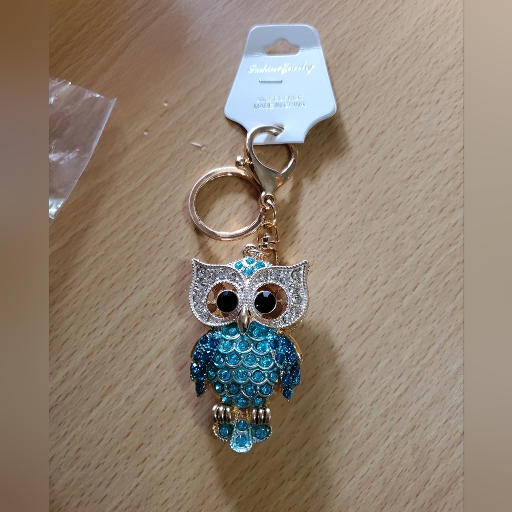 Owl Turquoise Rhinestone Studded Keychain - Picture 2 of 5